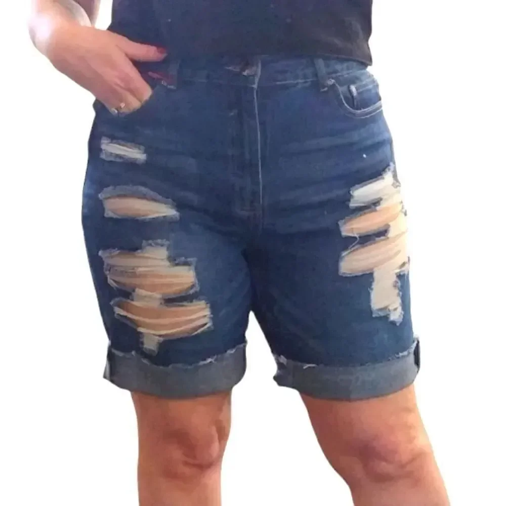 Hot Kiss Highest Rise Ripped  Bermuda Blue Jean‎ Shorts Size 15 NWT